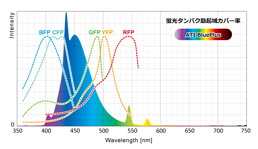 ATI BluePlusのスペクトルと各蛍光タンパクの励起特性