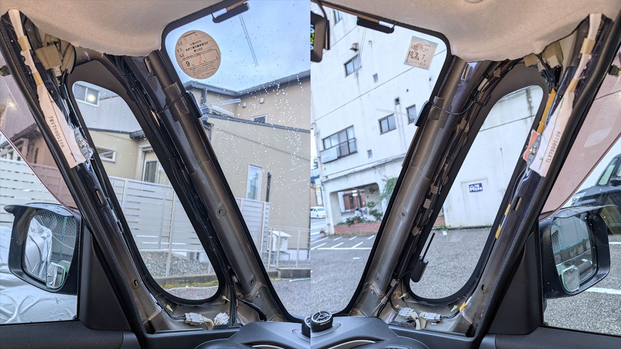 Aピラーの内張りを外したところ